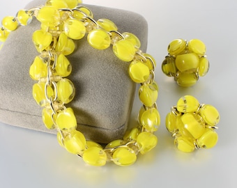 West Germany Yellow Givre Glass Necklace Earrings set, 1960s demi parure