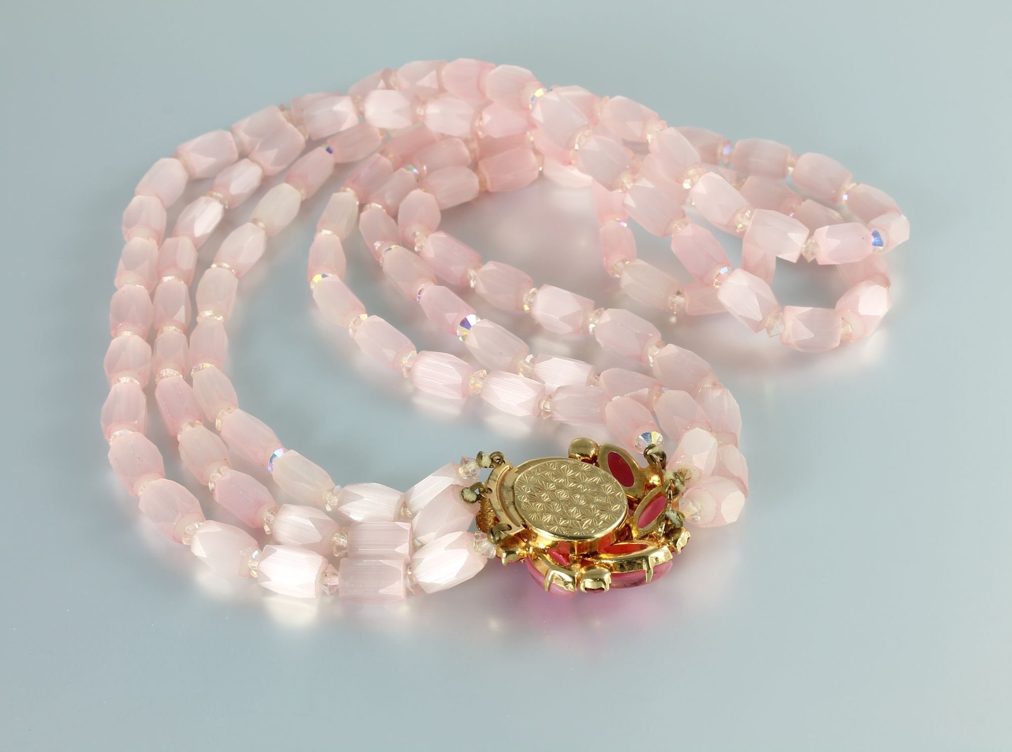 Vintage Pink Satin Moonglow Glass Necklace Rhinestone Flower - Etsy