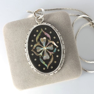 Large Sterling Pietra Dura mosaic Pendant Necklace inlay abalone shell