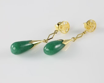 Chinese character Aventurine Earrings teardrop for pierced ears 1980s jewelry