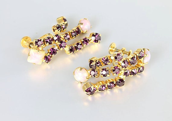 1960s Pink Opal glass Earrings Purple rhinestone … - image 1