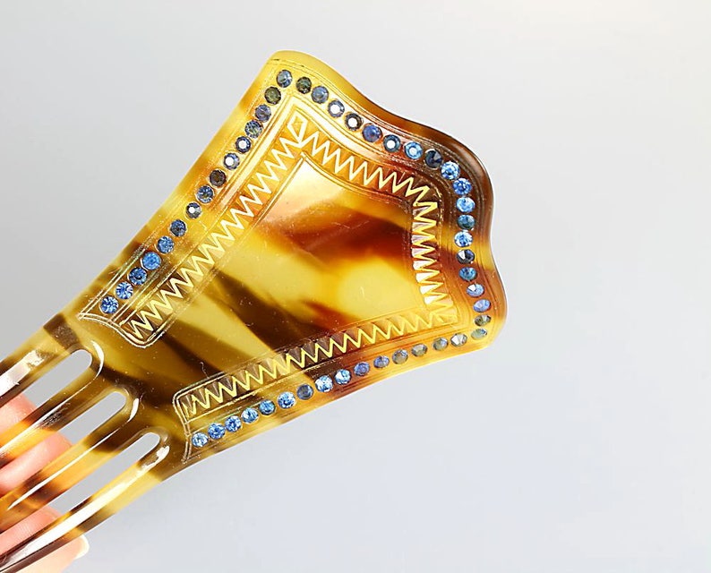 hair jewelry Blue Rhinestone Antique Headdress Hair Accessory Tortoise Celluloid Art Deco Hair Comb