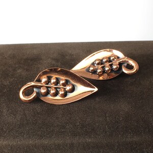 May include: A pair of copper-colored leaf-shaped earrings. Each earring features a leaf design with a stem and a series of small, round, copper-colored beads. The earrings are set against a dark brown background.