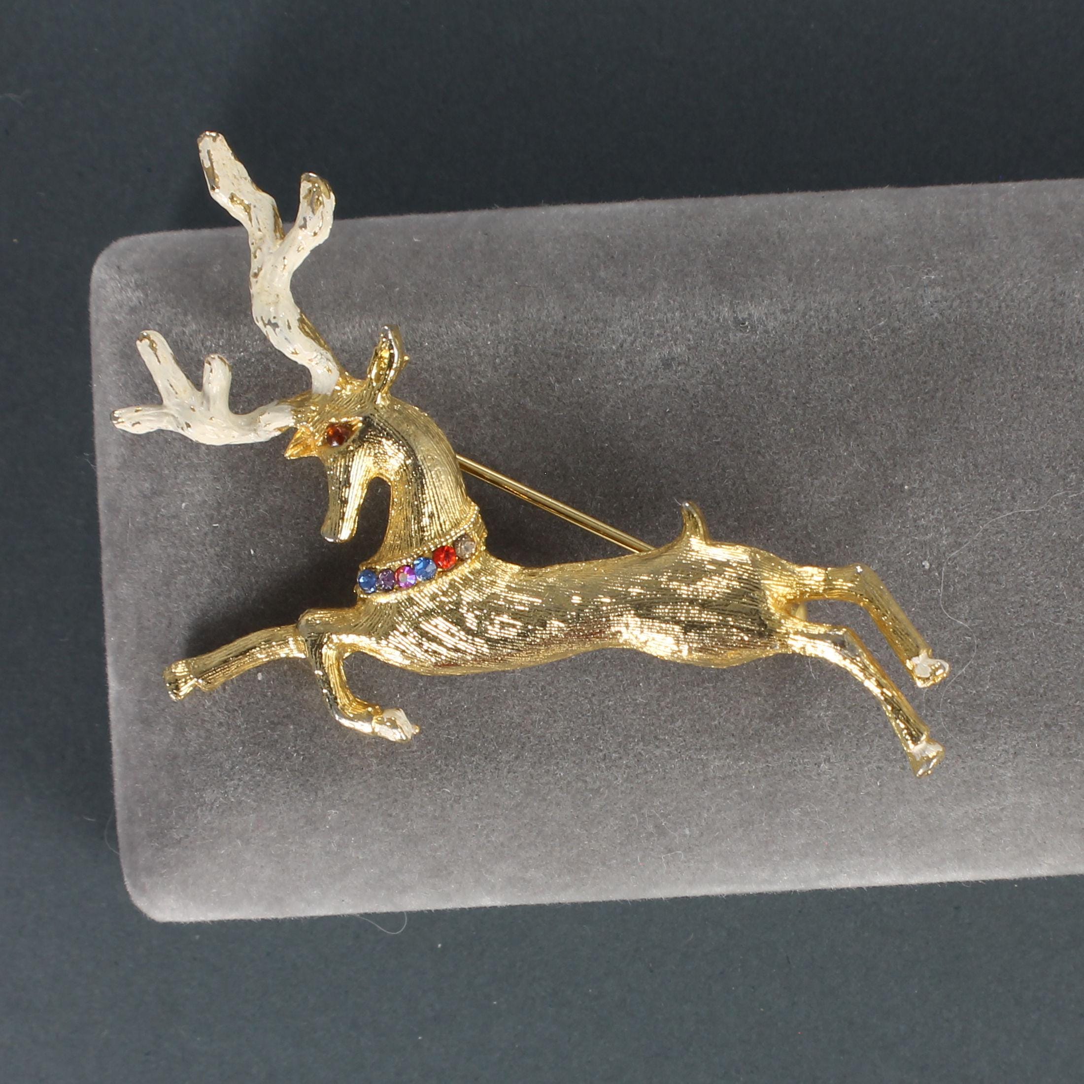 Christmas Reindeer Crystal Rhinestone & Enamel Brooch Pin - Handmade, Gold Plated, With Gift Bag