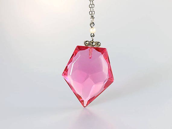 Sterling Silver Pink crystal Art Deco Necklace, Marcasite 1920s jewelry