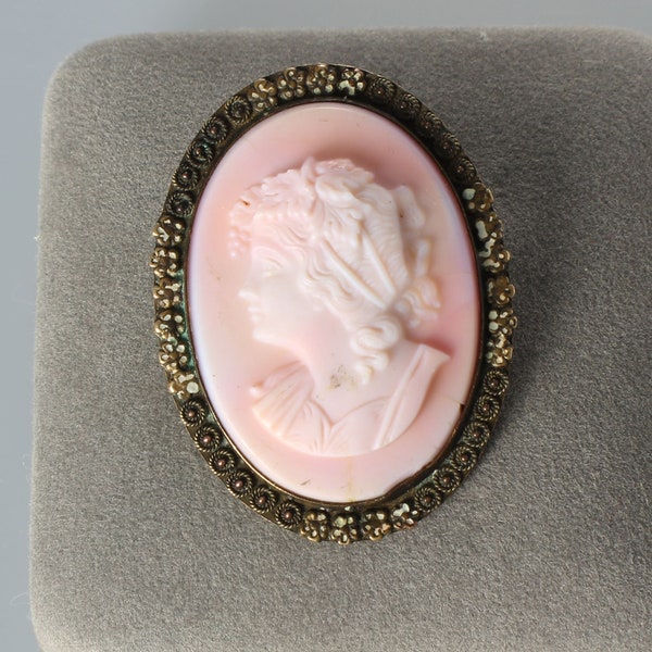 Antique Pink Cameo Glass Bacchante Brooch Wine Goddess early 1900s Victorian jewelry