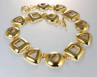 Modernist Open Link Necklace toggle clasp gold tone Triangle Square 1990s Runway  jewelry