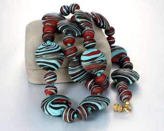 Frosted Blue Red Venetian Murano Flat Striped Glass Bead Necklace, hand knotted, 1960s jewelry