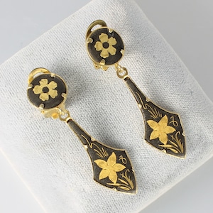 Long Damascene Earrings black gold 1960s jewelry
