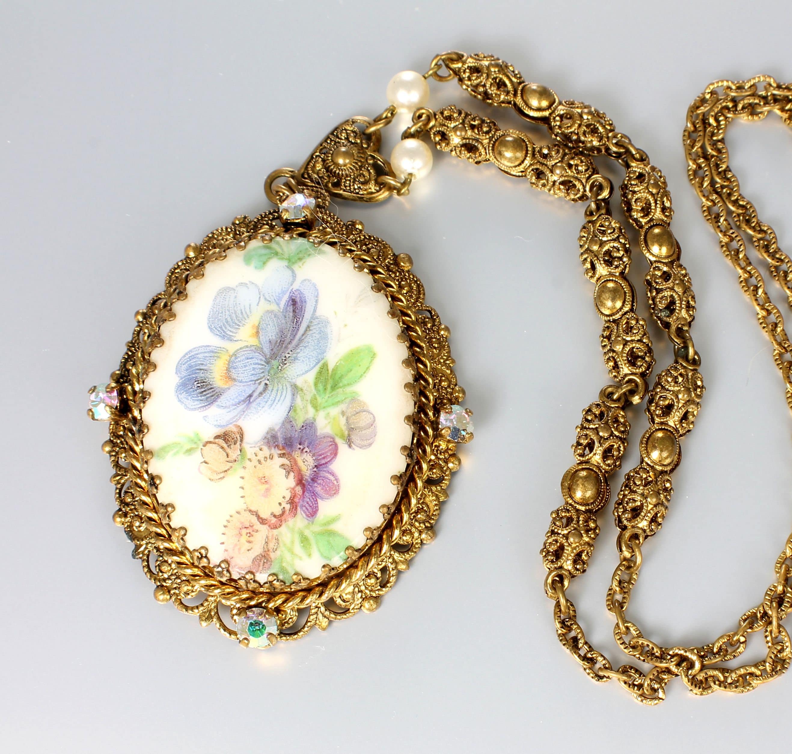 West Germany Flower Necklace, Filigree Chain, Painted Glass West Germany Flower Necklace, Filigree Chain, Painted Glass