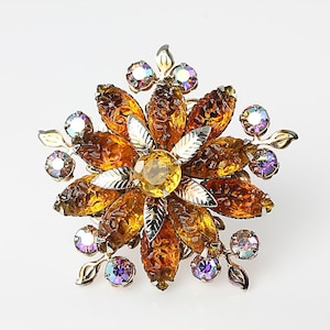 Topaz rhinestone Molded Glass Flower Brooch vintage 1960s jewelry aurora borealis