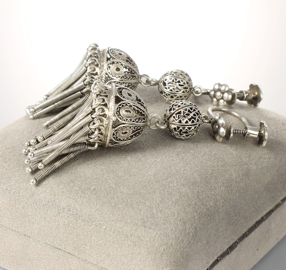 Tassel Dangle Earrings with Filigree Ball Sterling Silver Tassel Dangle Earrings with Filigree Ball Sterling Silver
