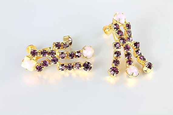 1960s Pink Opal glass Earrings Purple rhinestone … - image 2