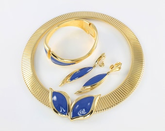 Modernist Monet Blue Enamel collar Tubogas Necklace Bangle Earrings set 1980s jewelry