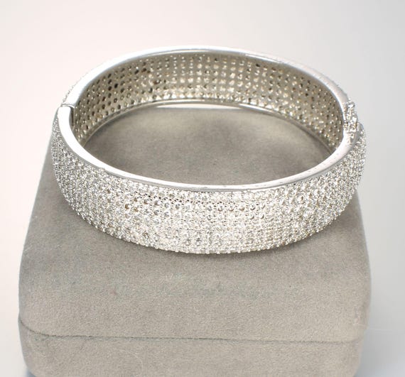 Clear Pave Rhinestone Hinged Bangle Bracelet, art… - image 3