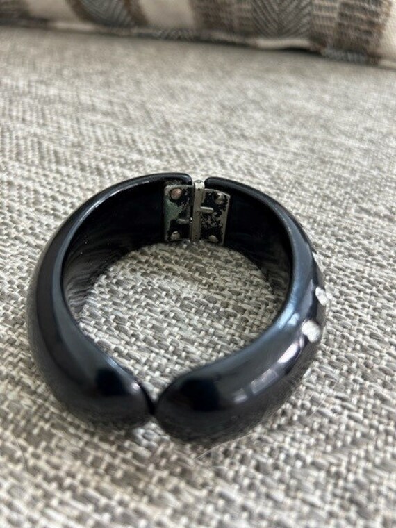 Weiss Rhinestone Clamper Bangle Black Lucite 1960s Jewelry