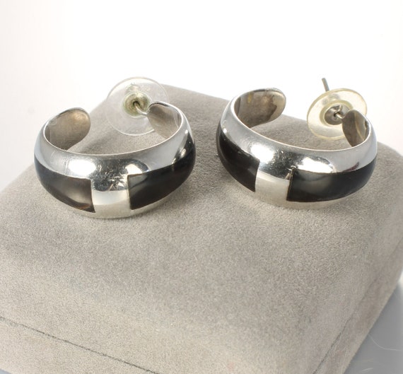 Inlay Onyx Sterling silver Hoop Earrings, post, 1… - image 2
