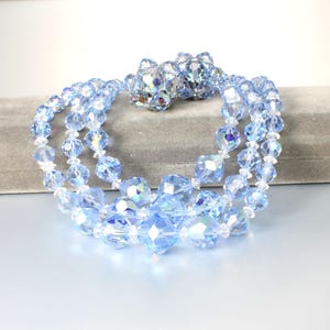 1960s Blue Aurora Borealis Crystal Necklace Earrings set, three strand bib image 1