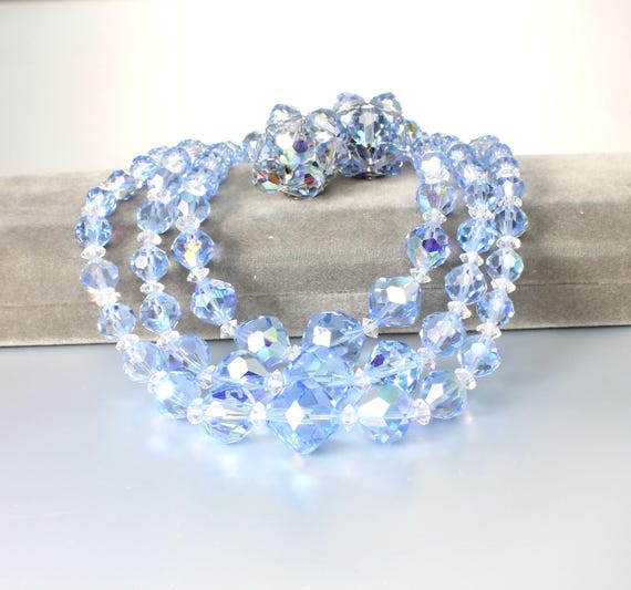 1960s Blue Aurora Borealis Crystal Necklace Earrings set, three strand bib