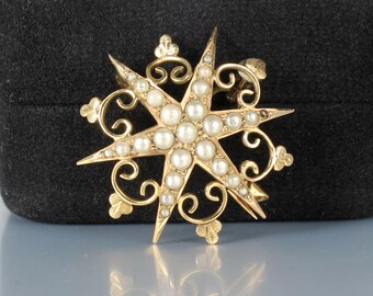 Antique Victorian 10k gold Seed Pearl Star Brooch Pendant, 2.5 grams