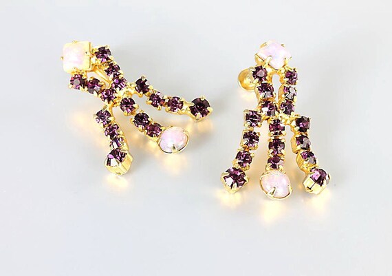 1960s Pink Opal glass Earrings Purple rhinestone … - image 3