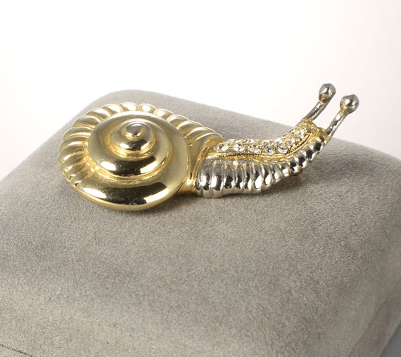 Gold Rhinestone Snail with shell Brooch three dim… - image 2