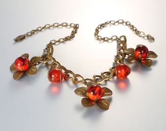 Art Deco Orange glass Flower Necklace, antique 1920s jewelry