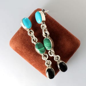 Long 925 Taxco Mexico Sterling Multi Gemstone Stud Earrings