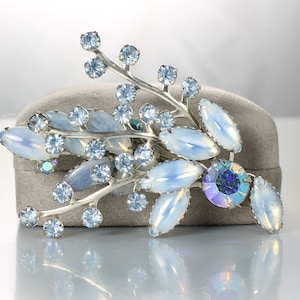 Blue Moonstone glass rhinestone Spray Brooch, aurora borealis, vintage 1960s jewelry, silver plated