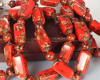 Red Murano Venetian Sommerso glass Necklace 35 inches copper glitter rectangular beads 1970s jewerly