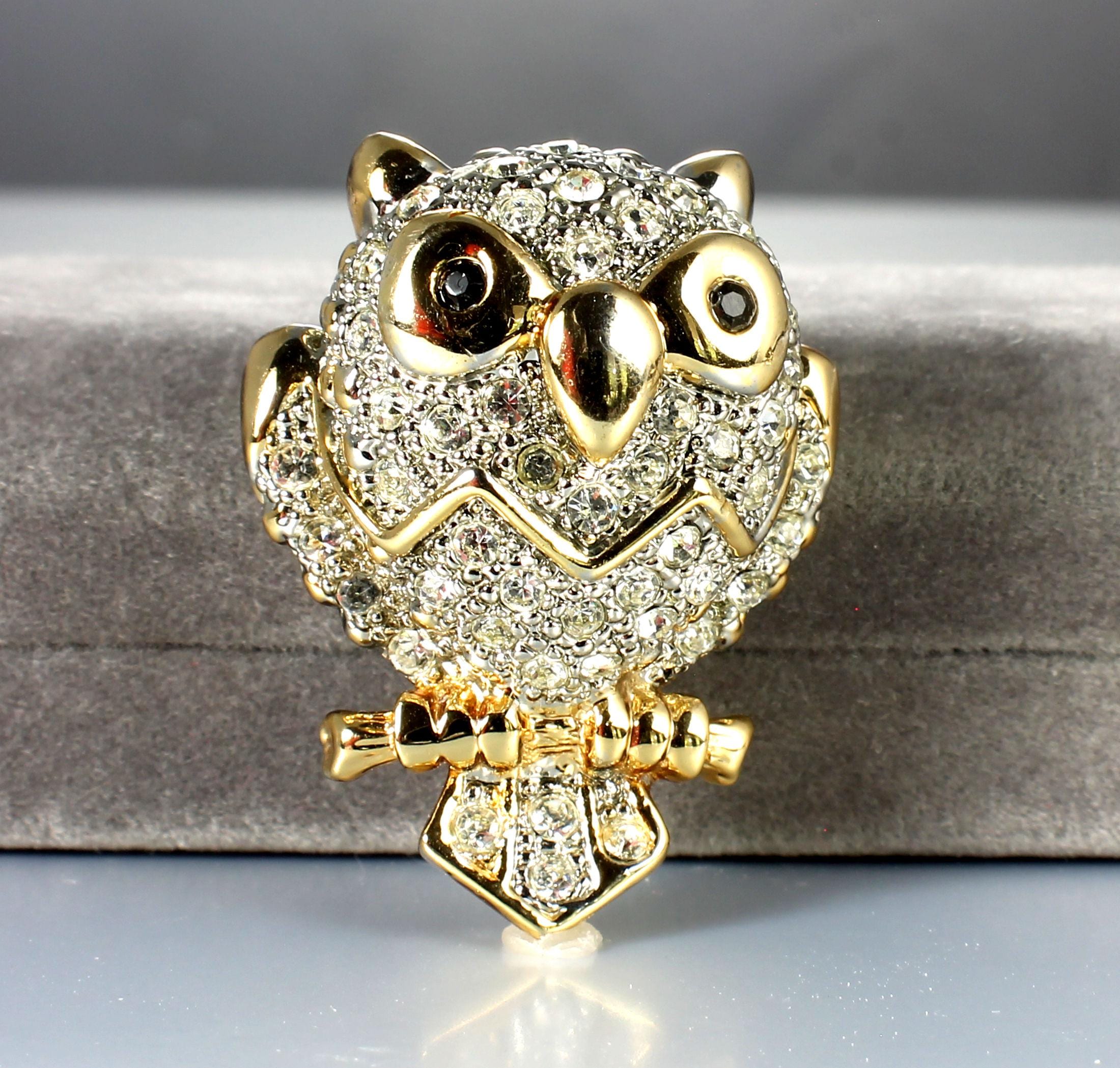 Gold Pave Clear Rhinestone Owl Brooch Pin