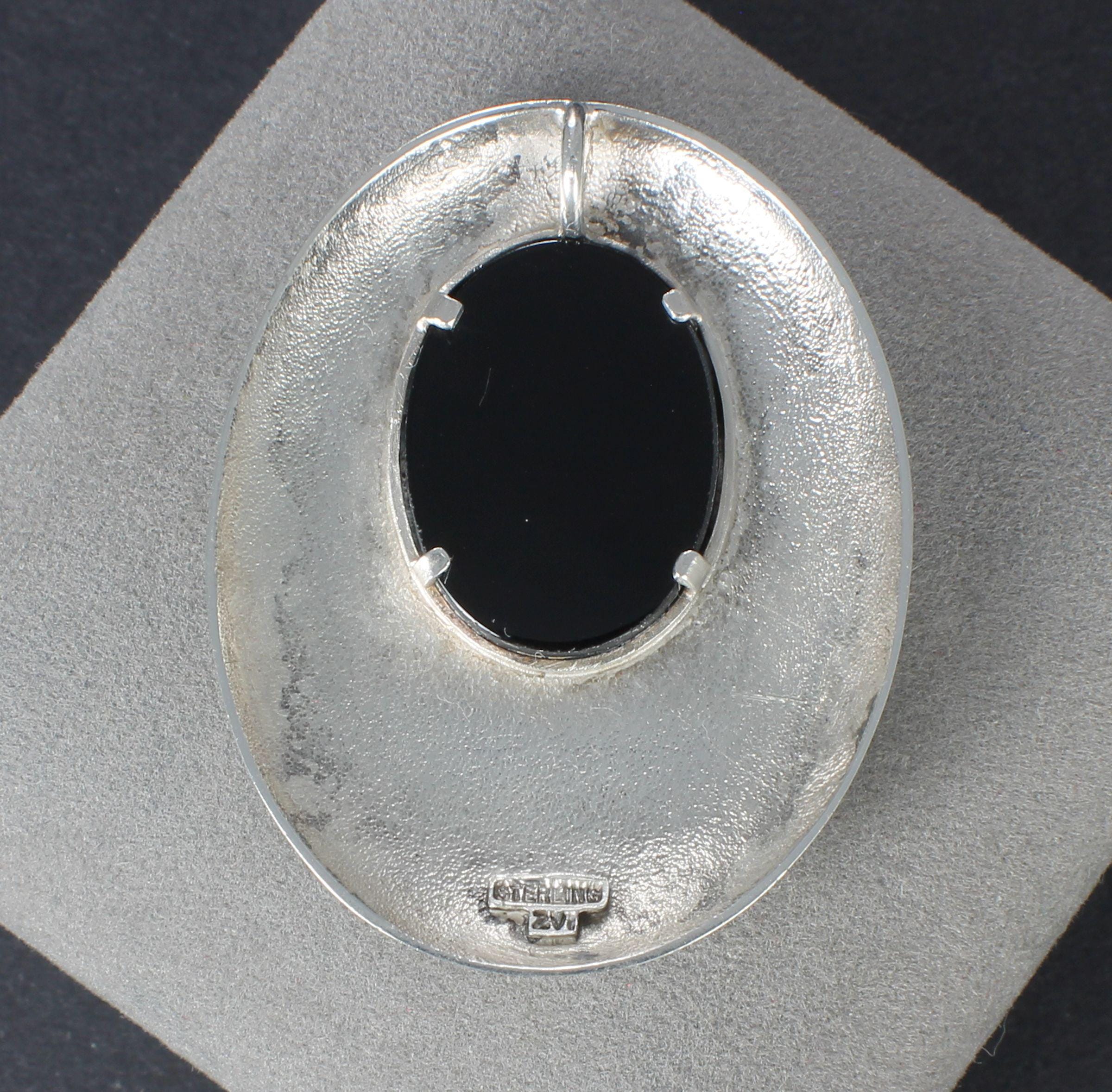 Sterling Silver Onyx Oval Modernist Pendant, Signed ZVI