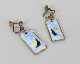 Modernist Enamel Earrings rectangular  Blue Yellow  1970s jewelry screw back