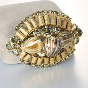 West Germany Mocha Porphyr Glass Green Rhinestone Brooch 1960s jewelry