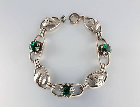 Emerald Green rhinestone Sterling Leaf Bracelet 1… - image 1