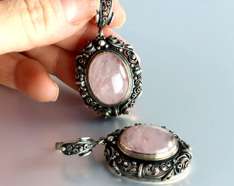 Etruscan Revival silver Rose Quartz Earrings oval drop for pierced ears