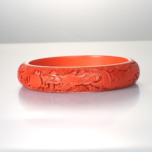 Carved Red Cinnabar Dragon Bangle Bracelet, 8 inch, Chinese Export, chinoiserie jewelry