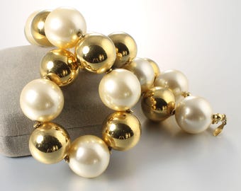 Chunky Napier Faux Pearl Gold Bead Necklace 1980s jewelry