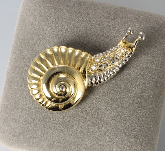 Gold Rhinestone Snail with shell Brooch three dim… - image 1