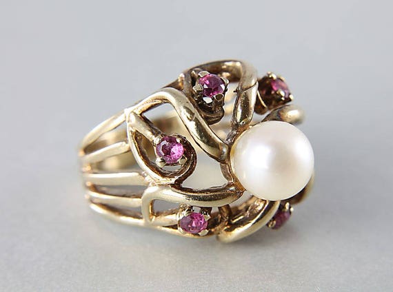 Vintage 10K gold Ruby Pearl Cocktail Ring, size 4… - image 1