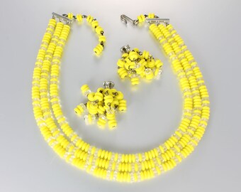 Bright Yellow glass Necklace Earrings set 1960s demi parure signed Laguna aspirin beads