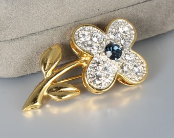 Small Blue Clear Rhinestone Flower Brooch gold tone 1990s jewelry