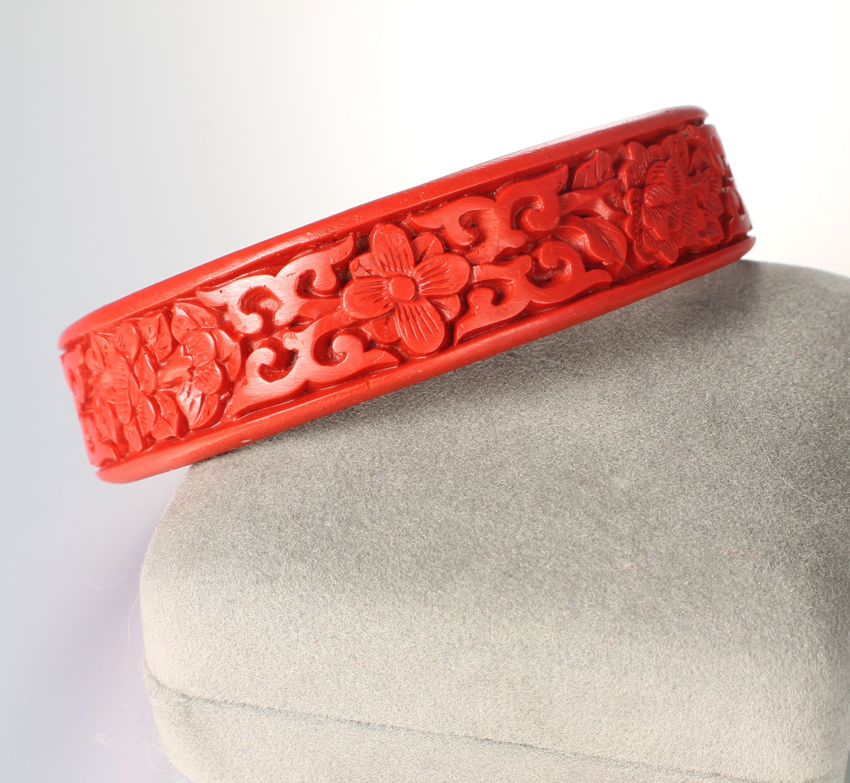 Carved Red Cinnabar Bangle Bracelet 8 Inches Chinese Export