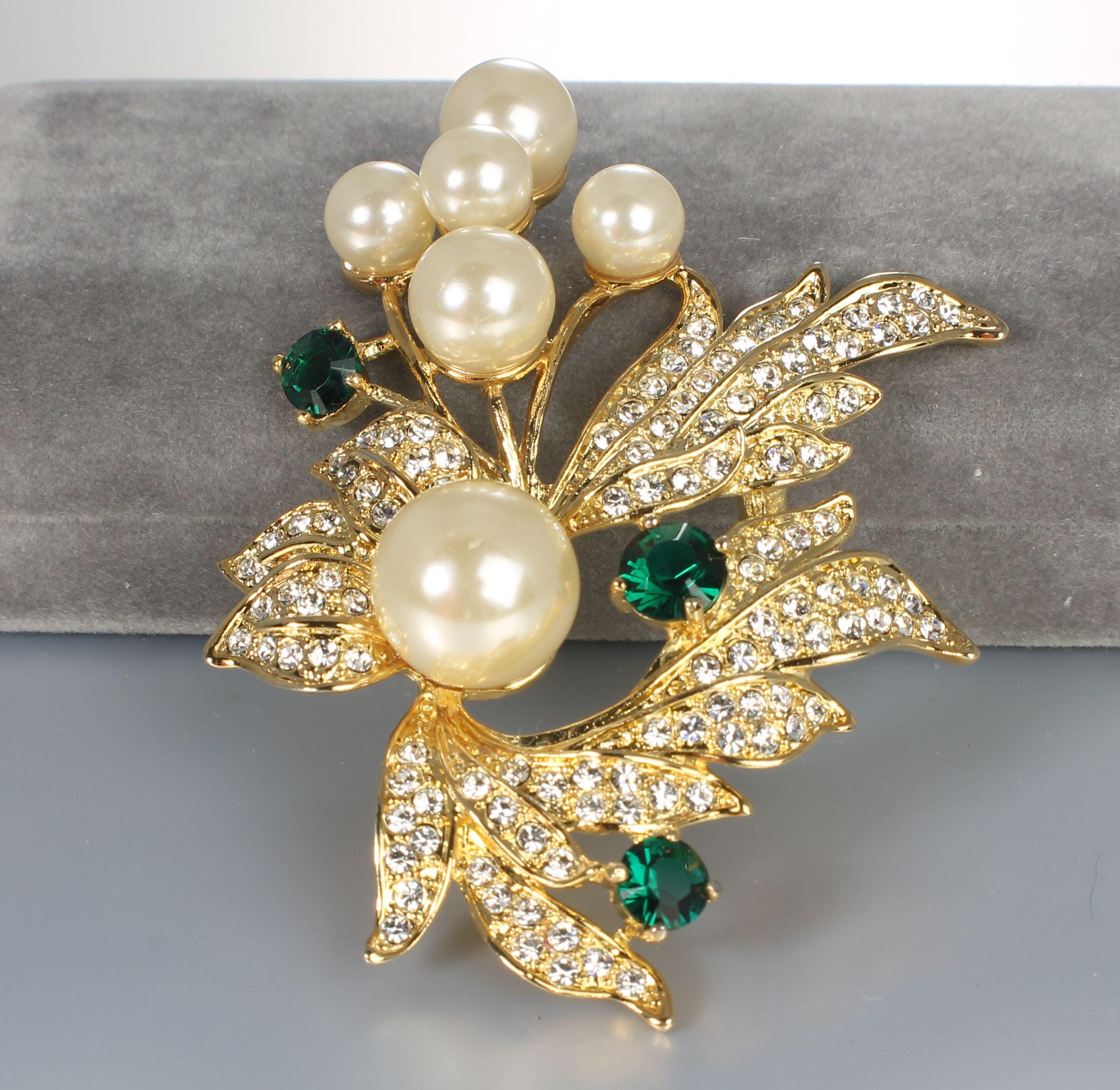 JBK Camrose Cross Faux Pearl Clear Emerald Rhinestone Brooch