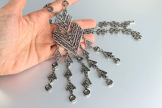 Chevron Goldette Gray Crystal Necklace, silver to… - image 3