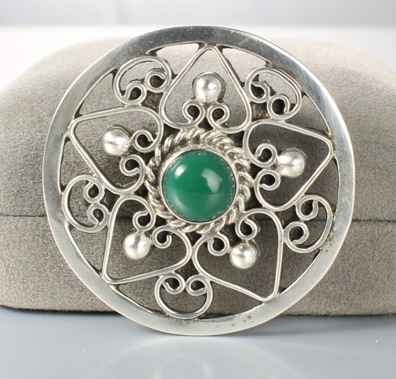 Mexico Sterling Chrysoprase Brooch eagle mark 194… - image 1