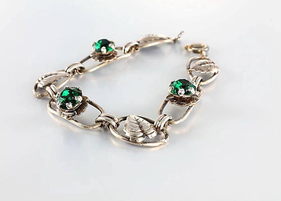 Emerald Green rhinestone Sterling Leaf Bracelet 1… - image 2