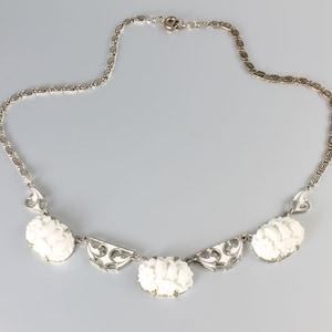 Art Deco White carved Glass necklace Lily of the Valley 1930s jewelry