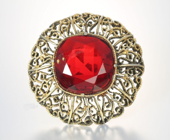 Large Red Glass Filigree Brooch domed gold tone 1… - image 1