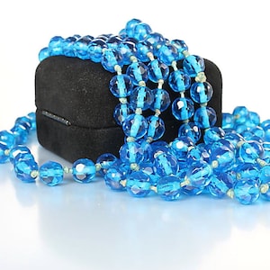 20s Cobalt Blue Czech glass Necklace 58 inches, Art Deco Sautoir, Flapper opera length, Hand Knotted